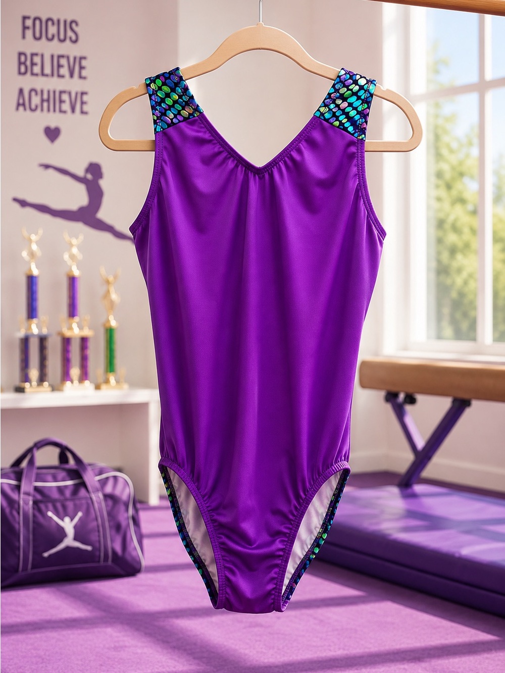 NWT GK Elite Purple Neon Cyber Matrix Leotard Bodysuit Adult XL Gymnast